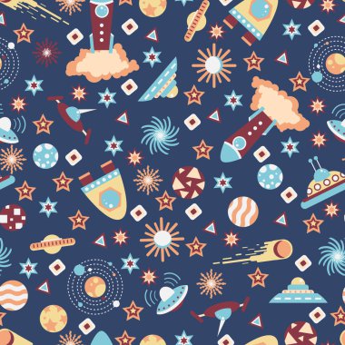 Uzay gemileri ve yıldızlarla kusursuz bir arkaplan, vektör illüstrasyonu