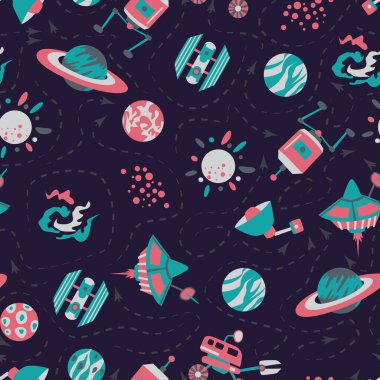 Uzay gemileri ve yıldızlarla kusursuz bir arkaplan, uzay vektör çizimi