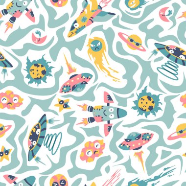 Uzay gemileri ve yıldızlarla kusursuz bir arkaplan, vektör illüstrasyonu