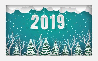Kağıt Sanat, zanaat stil metin 2019 Çam ormanıyla çerçevesinde, neşeli Noel ve mutlu yeni yıl
