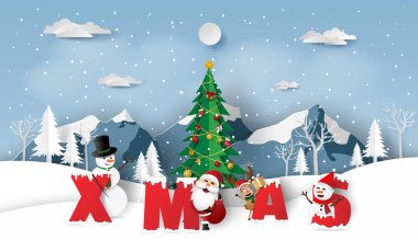 Kağıt Sanat, Noel Baba, Ren geyiği ve kardan adam el sanatları tarzı ile kelime Noel snow Mountain, neşeli Noel ve mutlu yeni yıl