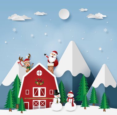 Kağıt Sanat, zanaat tarzı Noel partisi kırmızı evinde, neşeli Noel ve mutlu yeni yıl Noel Baba ile