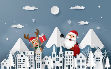 Kağıt Sanat, zanaat stil Claus Santa, Ren geyiği şehre, gelecek neşeli Noel ve mutlu yeni yıl