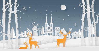 Kağıt Sanat, zanaat tarzı Ren geyiği kış sezonu, town yakınındaki ormanda neşeli Noel ve mutlu yeni yıl