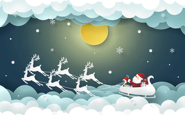 Arte Carta Artigianato Babbo Natale Sul Camino Con Luna Piena — Vettoriale Stock