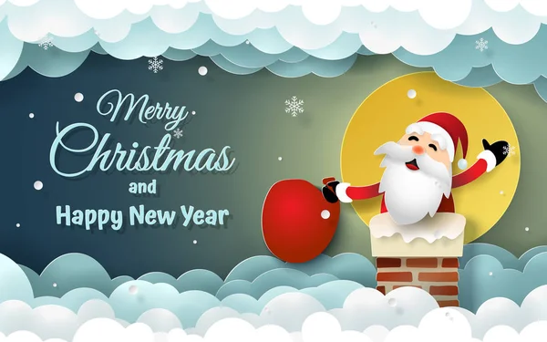 Kağıt Sanat, dolunay ve kar yağışı, çocuklar bir hediye vermek için köye neşeli Noel ve mutlu yeni yıl ile Noel Baba baca üzerinde el sanatları tarzı