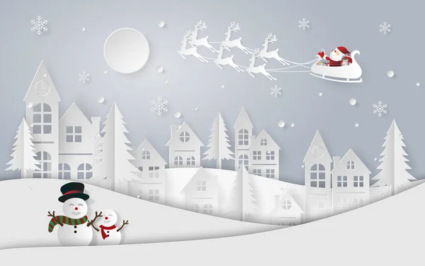 Kağıt Sanat, zanaat stil Noel Baba ve Ren geyiği köye gelen çocuklar kar yağışı, neşeli Noel ve mutlu yeni yıl ile bir hediye vermek için