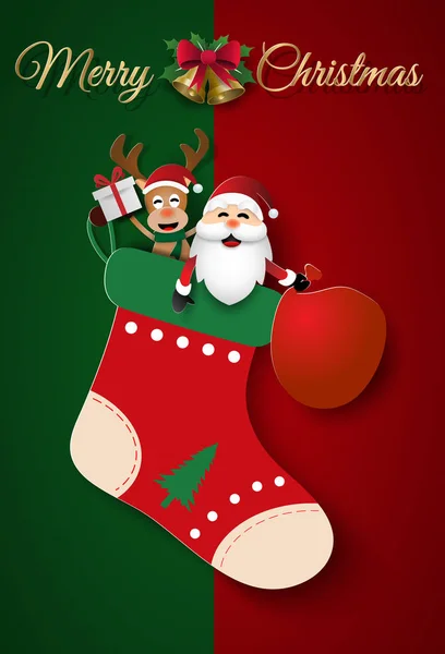 Arte Carta Artigianato Stile Natale Sock Con Babbo Natale Renne — Vettoriale Stock