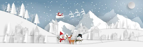 ペーパー アート 田舎風景のサンタ クロースと雪だるまと雪の山 メリー クリスマスと新年あけましておめでとうございます村のクラフト スタイル — ストックベクタ