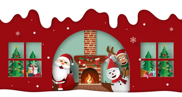 Papierkunst Ambachtelijke Stijl Van Kerstfeest Met Kerstman Vrienden Huis Vrolijk — Stockvector