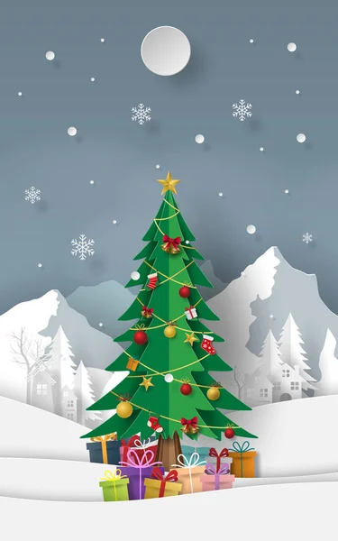 Arte Carta Artigianato Dell Albero Natale Con Regali Sulla Montagna — Vettoriale Stock