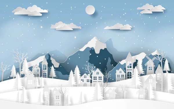 Paper Art Craft Style Landscape Countryside Village Snow Valley Winter — Stock Vector