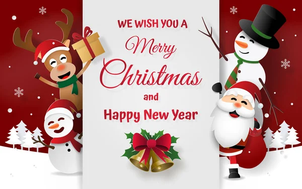 Kağıt Sanat, zanaat tarzı ile Noel Baba ve arkadaş, mutlu Noeller ve mutlu yeni yıl kartı davet Noel partisi