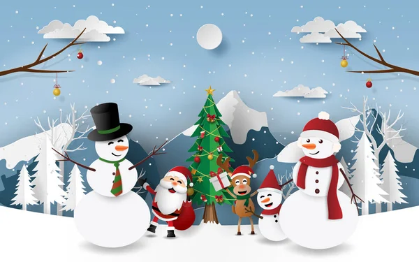 Kağıt Sanat, zanaat tarzı Noel partisi ile Noel Baba, kardan adam ve Ren geyiği ormanda, neşeli Noel ve mutlu yeni yıl