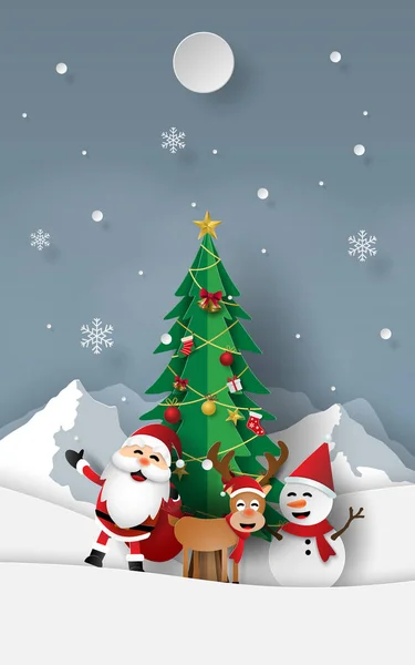 Arte Papel Estilo Artesanal Santa Claus Con Amigos Con Árbol — Vector de stock