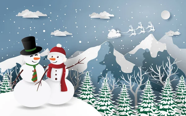 Paper Art Craft Style Snowman Looking Santa Claus Snow Mountain — Stock Vector