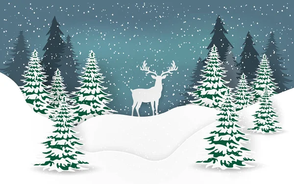 Paper Art Craft Style Reindeer Pine Forest Snowing Merry Christmas — Stock Vector
