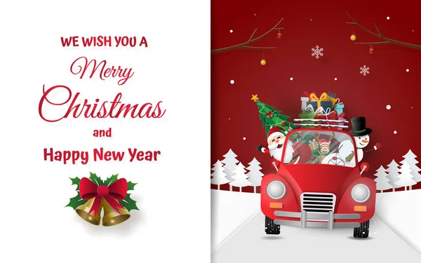 Kağıt Sanat, zanaat stil Noel Baba ve arkadaşlar kırmızı araba, yılbaşı kartı, neşeli Noel ve mutlu yeni yıl