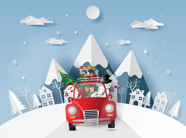 Kağıt Sanat, zanaat stil Noel Baba ve arkadaşlar kırmızı araba köyde, neşeli Noel ve mutlu yeni yıl