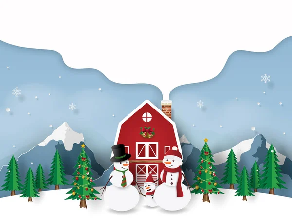 Paper Art Craft Style Snowman Family Red House Christmas Day — Stock Vector