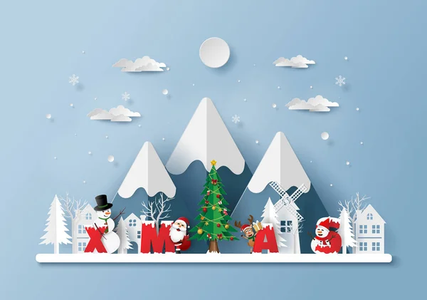 Kağıt Sanat, zanaat stil Noel Baba ve arkadaşlar ile kelime Xmas, köyde mutlu Noeller ve mutlu yeni yıl