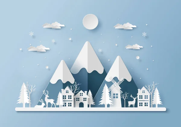 Paper Art Craft Style Reindeer Village Merry Christmas Happy New — Stock Vector