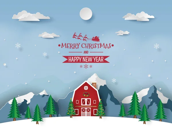 纸艺术 红色房子的工艺样式在雪山 圣诞快乐和新年快乐 — 图库矢量图片
