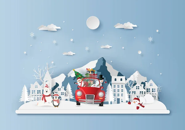 Papierkunst Handwerk Stil Von Weihnachten Rotes Auto Dorf Frohe Weihnachten — Stockvektor