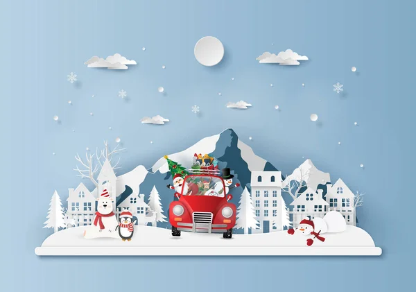 Kağıt Sanat, zanaat tarzı köyde, neşeli Noel ve mutlu yeni yıl Noel kırmızı araba