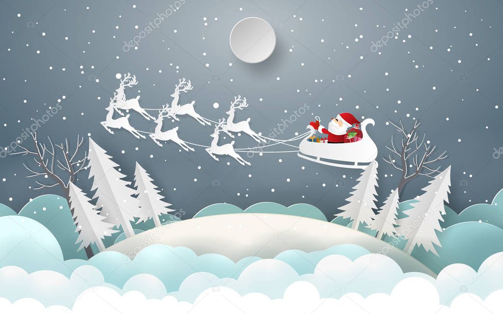 Paper art, Craft style of Santa Claus and reindeer flying on the sky to give children a gift, Merry Christmas and Happy New Year.