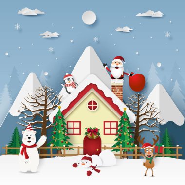 Kağıt Sanat, zanaat tarzında Noel Baba bacadan çatıda, neşeli Noel ve mutlu yeni yıl