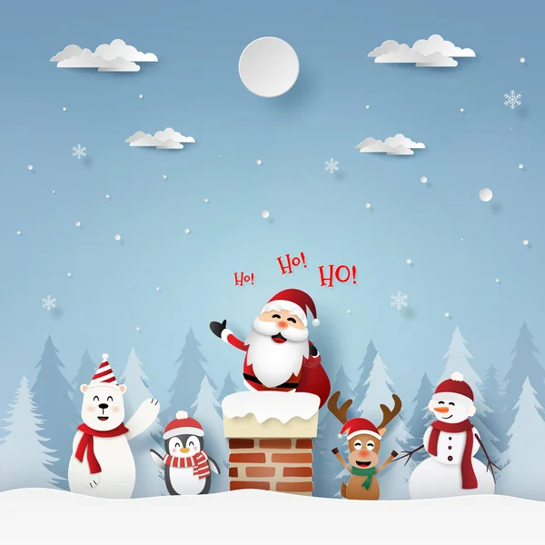 Паперное Искусство Стиль Санта Клауса Друзей Крыше Шимни Рождеством Новым — стоковый вектор