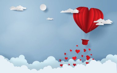 Kağıt Sanat, zanaat tarzı kırmızı balon gökyüzüne, Happy Valentine's Day, içeriğiniz için kopya alanı üzerinde uçan 