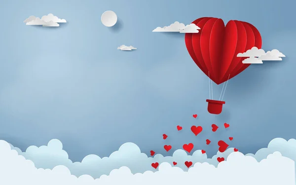 Papierkunst Bastelstil Des Roten Ballons Der Himmel Fliegt Glücklicher Valentinstag — Stockvektor