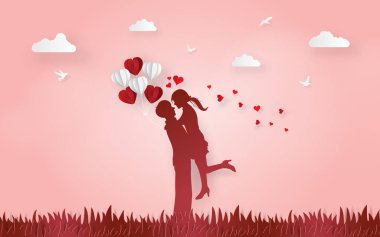 Origami kağıt sanat siluet sevimli çiftin katta çim, sevgi ve Happy Valentine's Day kızın elinde birbirlerine sevgi ile balon göster