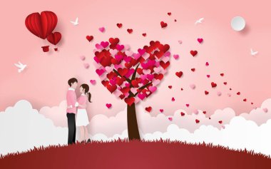 Origami kağıt sanat sevimli çiftin birbirlerini kalp ağaç, sevgi ve Happy Valentine's Day ile çim katta sarılmak