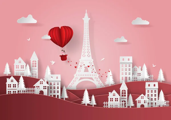 Origami kağıt sanat sevimli kırmızı kalp şeklinde balon köy ve Eyfel Kulesi, sevgi ve Happy Valentine's gün üzerinde yüzen üzerinde kaç