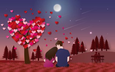 Romantik Çift sevgi ve Happy Valentine's Day alacakaranlık zamanında aya arıyorsunuz parkta çim katta oturan origami kağıt sanatı