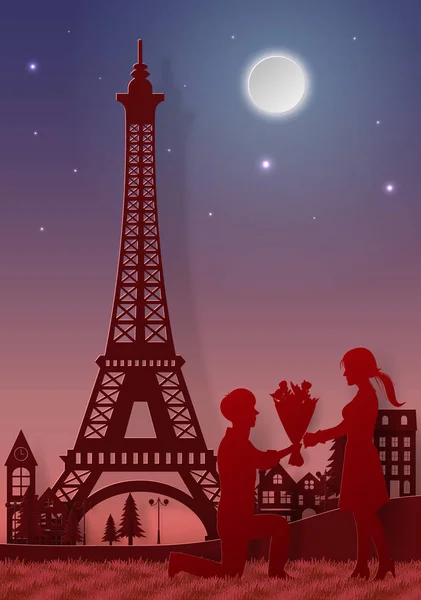 Origami Papier Kunst Van Romantische Man Zijn Knie Vrouw Eiffeltoren — Stockvector