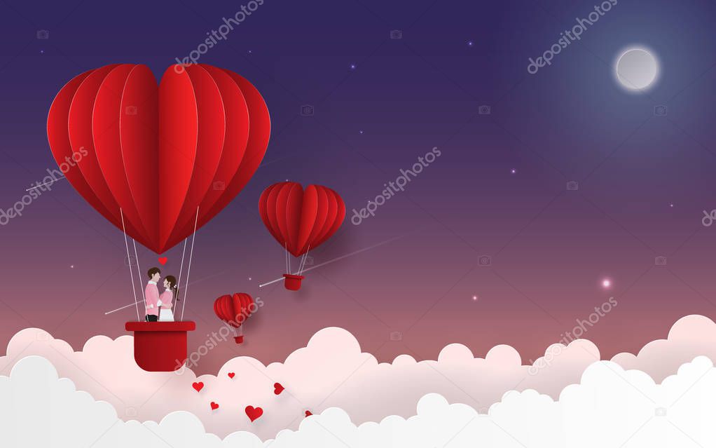 Origami Paper art of Cute couple on balloon floating on the sky with full moon in twilight time, Love and Happy Valentine's Day