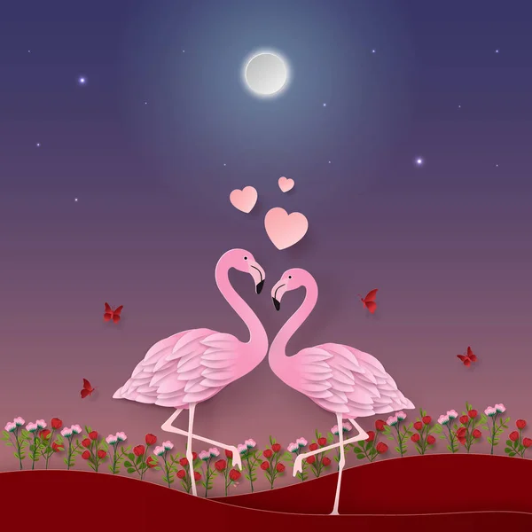 Origami Papel Arte Flamingo Jardim Amor Feliz Dia Dos Namorados — Vetor de Stock