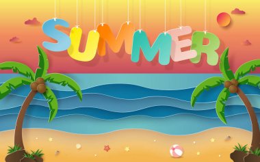 Yaz sezonu Origami kağıt sanatı, akşam gün batımı ile tropikal plaj arka plan ile kelime Yaz Asılı