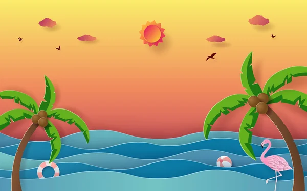 Origami Paper Art Summer Season View Ocean Coconut Tree Sunset — Stock Vector