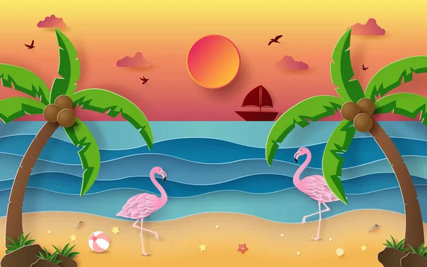 Оригами Бумажное Искусство Летнего Сезона Фламинго Тропическом Пляже Закатом Вечером — стоковый вектор