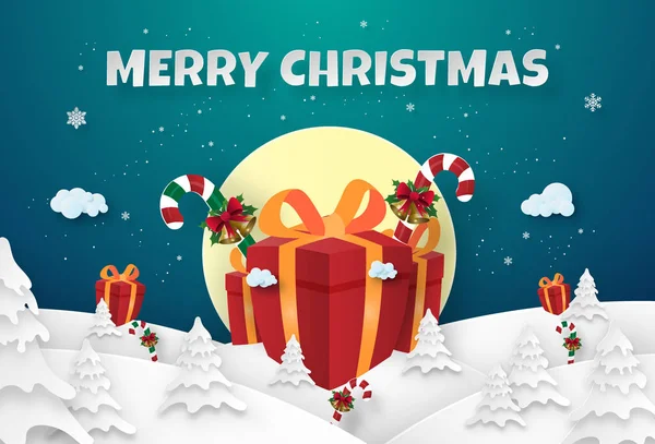 メリークリスマスとハッピーニューイヤーと松林で大きな贈り物の折り紙アート — ストックベクタ