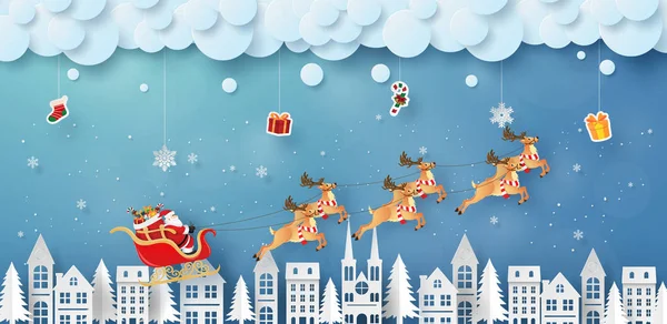 Origami Arte Papel Santa Claus Renos Volando Cielo Con Regalos — Vector de stock