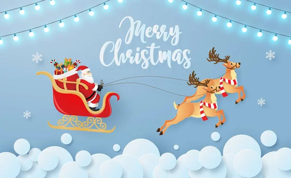 圣诞老人和驯鹿在天空中飞翔的折纸艺术 圣诞快乐 新年快乐 — 图库矢量图片