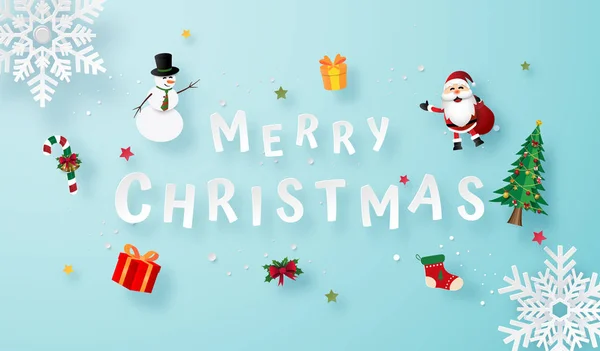 クリスマスプレゼント メリークリスマスとハッピーニューイヤーと雪のフレークの折り紙アート — ストックベクタ