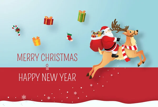 圣诞老人和驯鹿赠送礼物的折纸艺术 圣诞快乐 新年快乐 — 图库矢量图片
