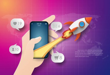 Start-Up İş kavramı origami kağıt sanat, Iş, iş ve pazarlama için kullanarak el tutma akıllı telefon